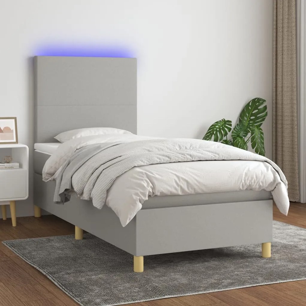 Cama box spring c/ colchão e LED 80x200 cm tecido cinza-claro