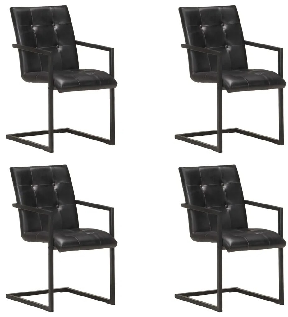 Cadeiras de jantar cantilever 4 pcs couro genuíno preto