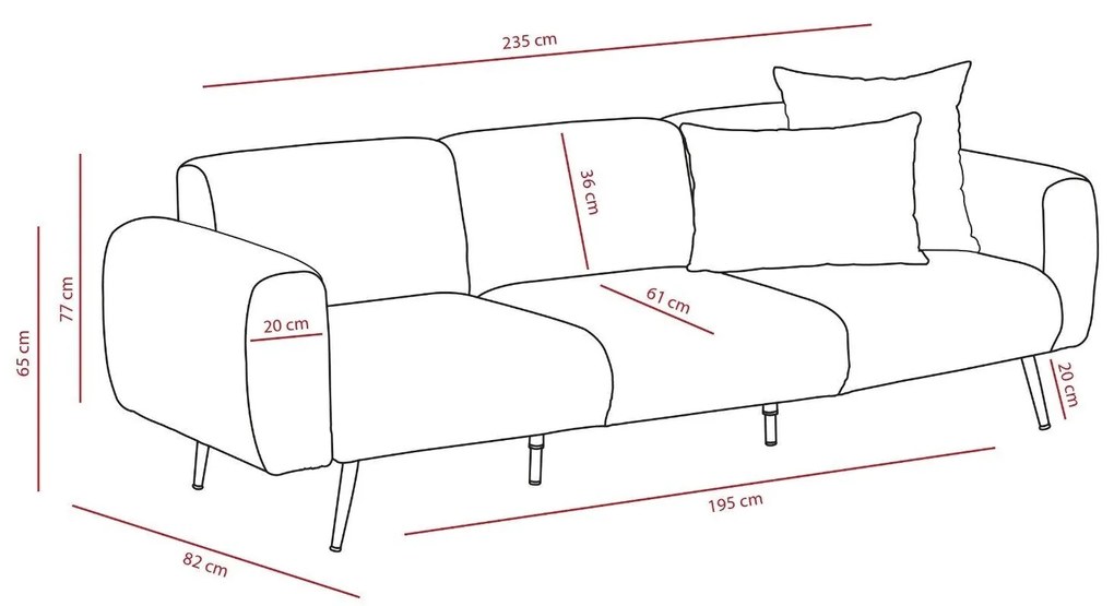 Sofá de 3 Lugares Side – Cinzento Claro – 235x77x82 cm