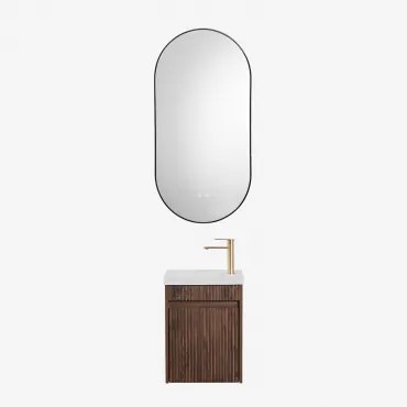 Conjunto De Móvel De Casa De Banho Suspenso Em Madeira Com Lavatório Integrado Narek Madeira Escura & Ovale Led E Antifog Preto 50x100 Cm Asteiro & Do