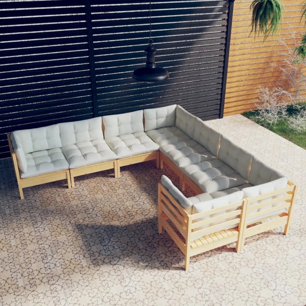 vidaXL 8 pcs conjunto lounge jardim c/ almofadões creme pinho maciço