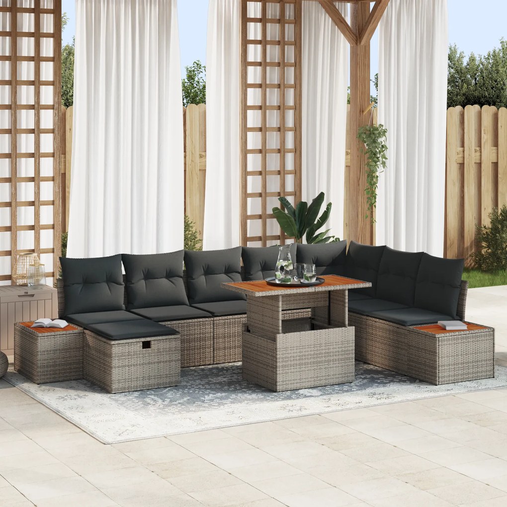 Conjunto de Sofá de 9 Peças com Almofadas Cinza Poli Rattan