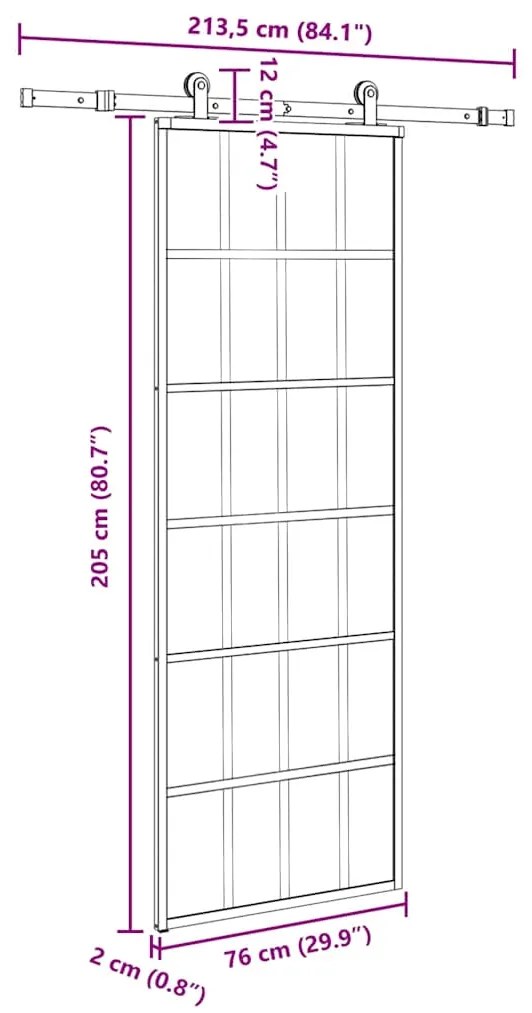 Porta deslizante c/ conj. ferragens 76x205cm vidro ESG/alumínio