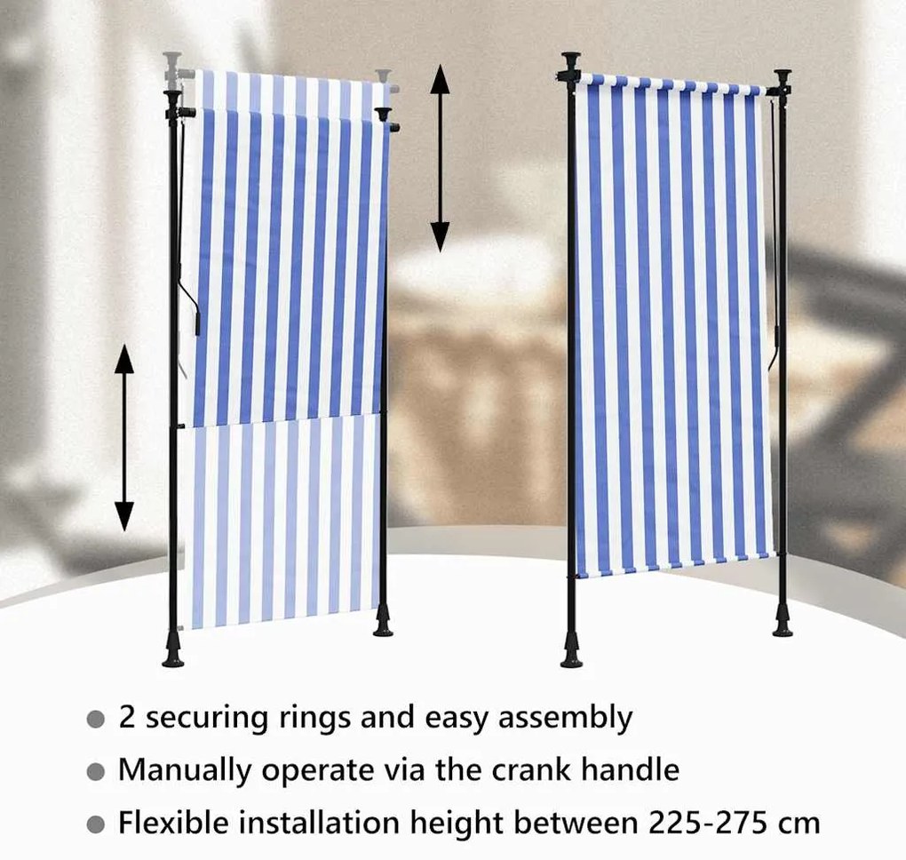Estore de rolo para exterior 100x270cm tecido/aço azul e branco