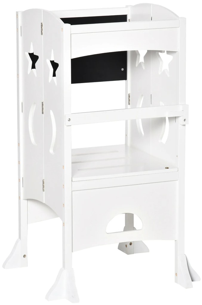 HOMCOM Torre de Aprendizagem para Crianças 3-6 anos de Madeira Torre de Aprendizagem Infantil Dobrável com Ardósia e Barra de Segurança para Casa de Banho Cozinha 56,5x56,5x94cm Branco