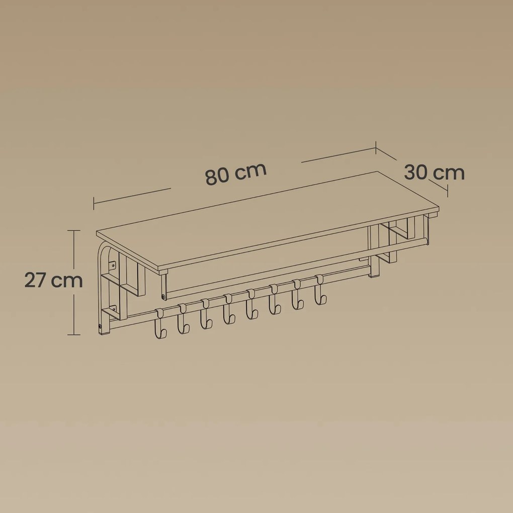 Cabide de parede com prateleira de arrumação de 30 x 80 x 27 cm preto