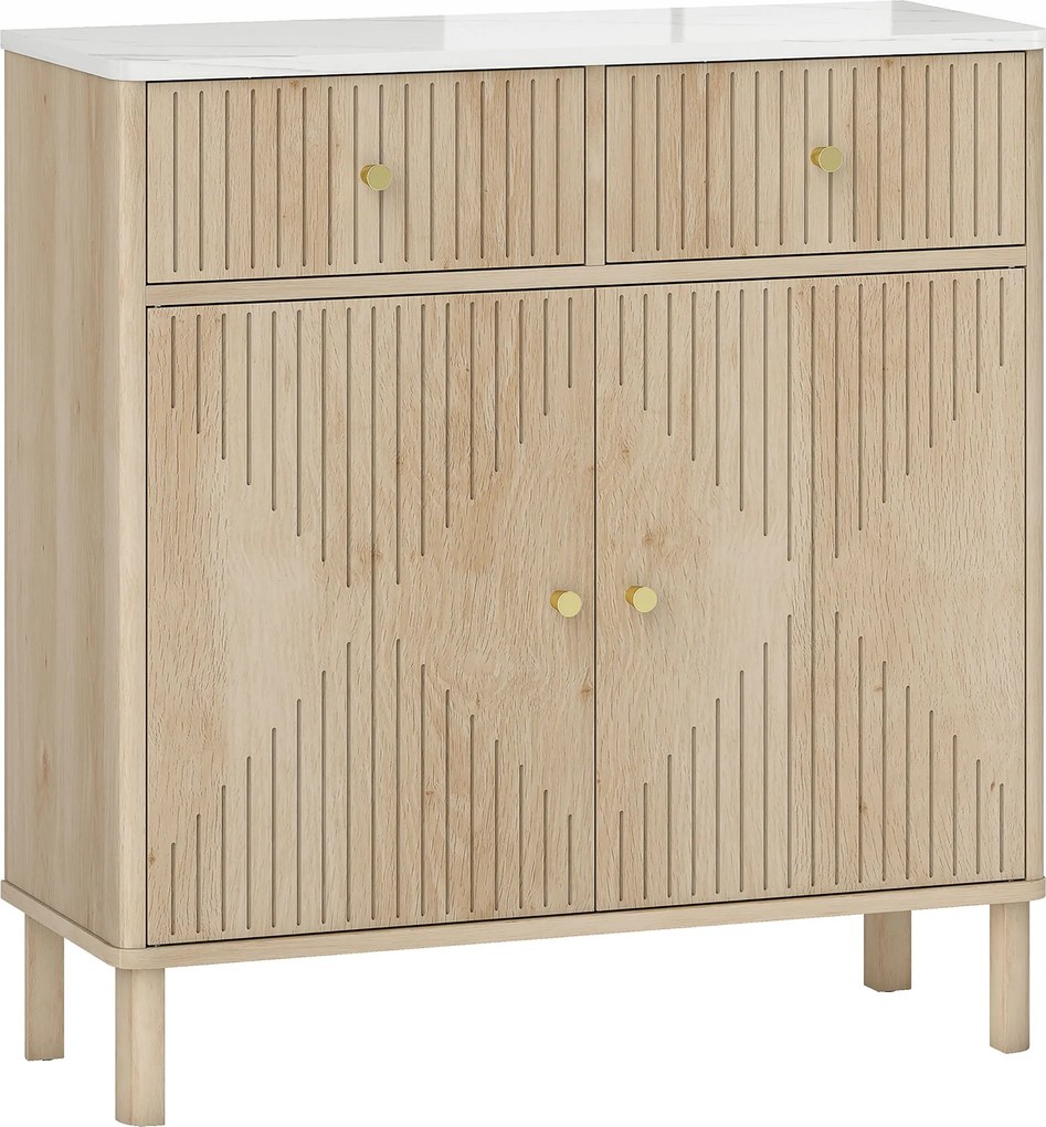 HOMCOM Aparador com 2 Portas e 2 Gavetas, Aparador Moderno para Sala com Prateleira Ajustável e Tampo Efeito Mármore, 77x30x80 cm, Carvalho | Aosom Portugal