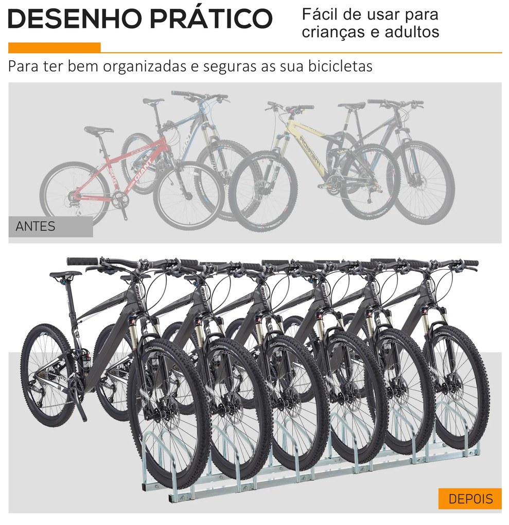 HOMCOM Estacionamento para 6 Bicicletas Suporte de Aço para Estacionar Bicicletas no Chão para Interior e Exterior 160x33x27cmPrata