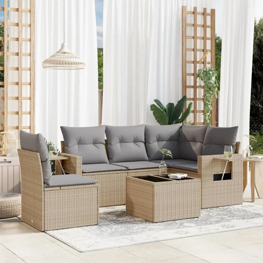 6 pcs conjunto de sofás p/ jardim com almofadões vime PE bege