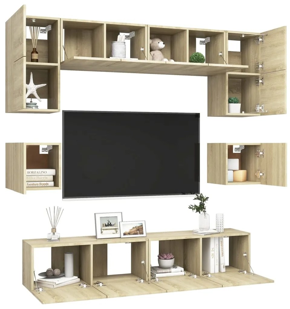 8pcs conjunto de móveis de TV derivados madeira carvalho sonoma