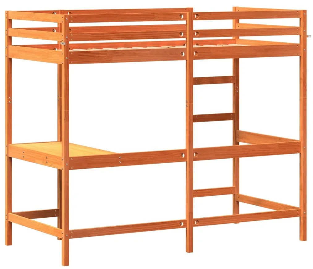 Cama alta c/ secretária 90x200 cm pinho maciço castanho-cera