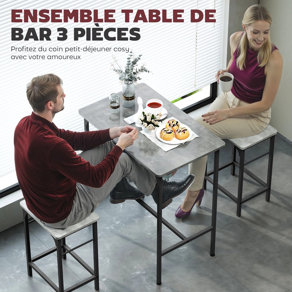 Conjunto de mesa de bar com 2 bancos, estrutura em aço para cozinha, sala de jantar e sala de estar, cinzento