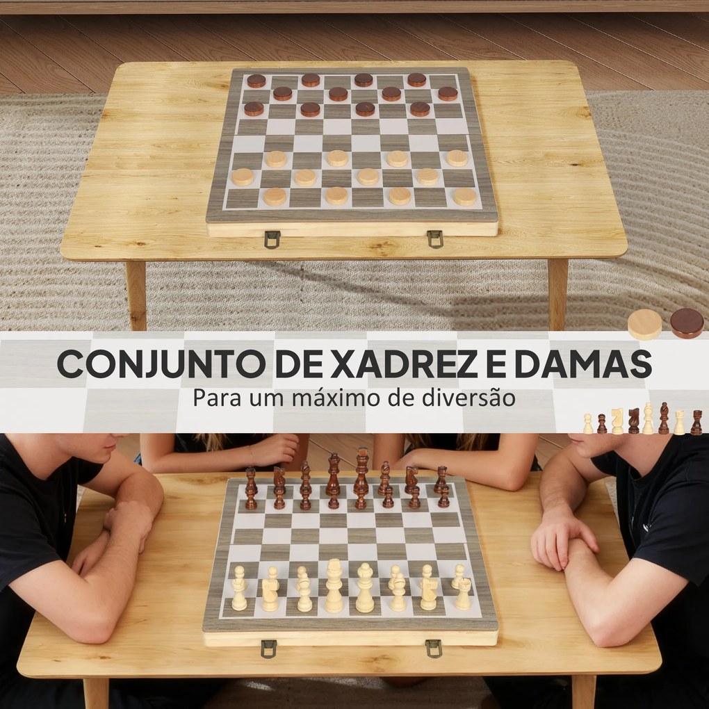 Jogo de Xadrez e Damas em Madeira com Tabuleiro Dobrável Peças de Pinho e Compartimentos de Armazenamento 38,5x38,5x2,8 cm Madeira e Branco