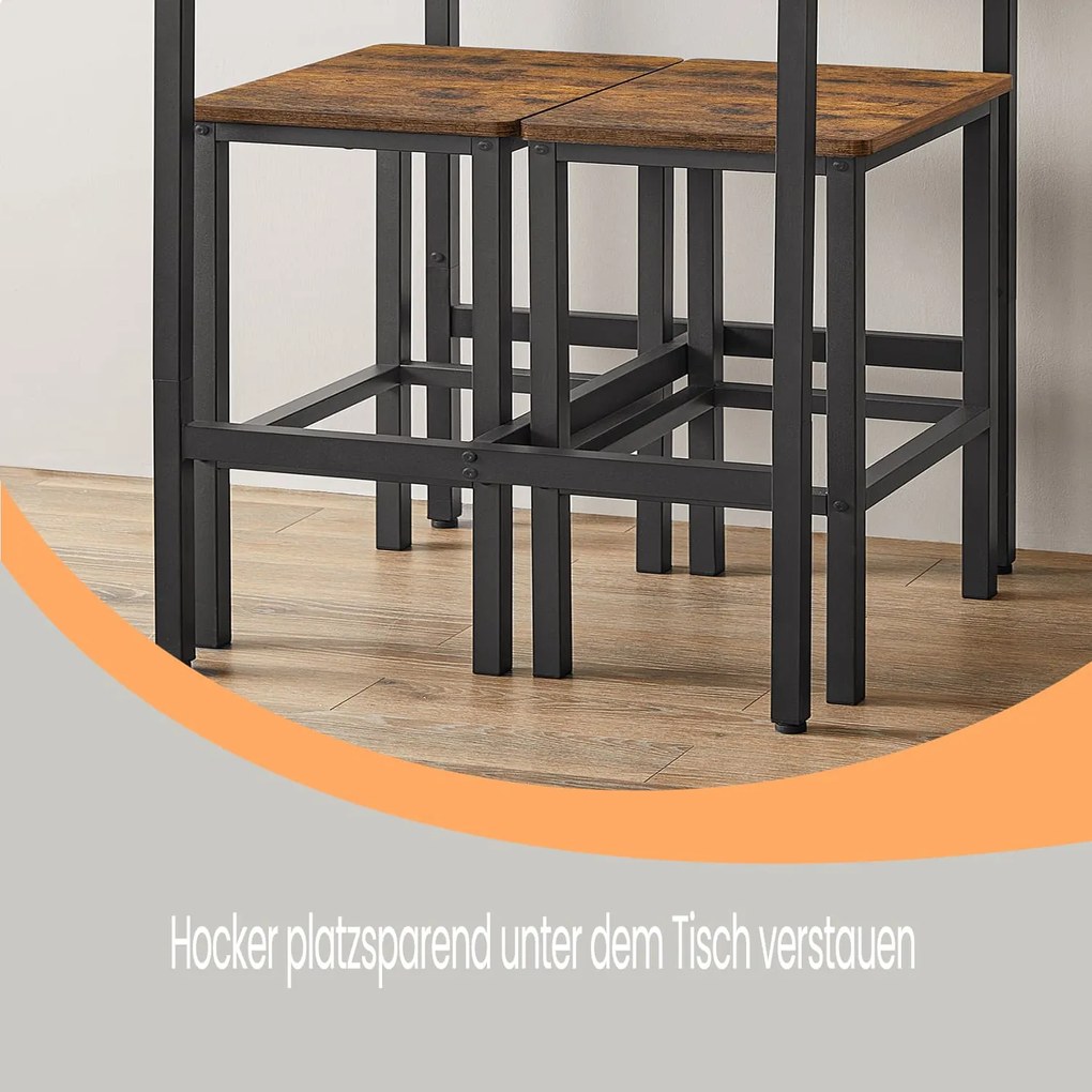 Conjunto Mesa de jantar alta com 2 cadeiras, mesa de bar com banco de bar castanho Vintage-preto