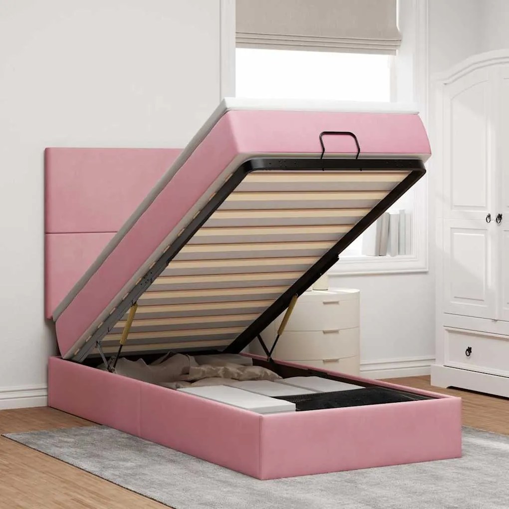 vidaXL Estrutura de cama otomana com colchões rosa 90x200cm veludo