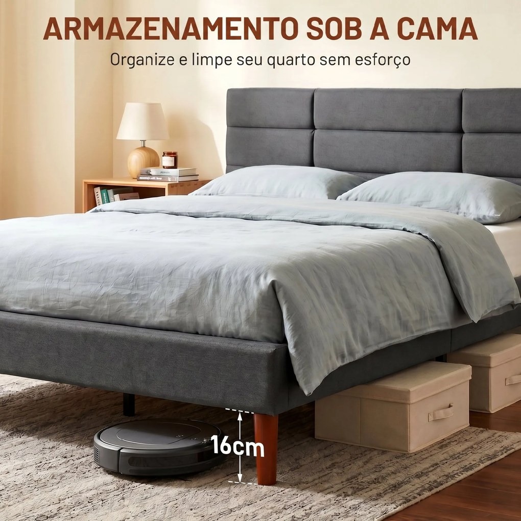 Cama Estofada 140x200 cm (COLCHÃO NÃO INCLUIDO) com Cabeceira Almofadada, Estrado de Ripas e Espaço Livre Inferior, Cinzento