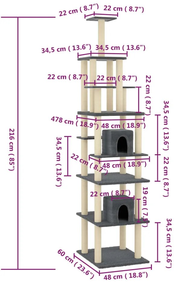 Árvore p/ gatos c/ postes arranhadores sisal 216cm cinza-escuro