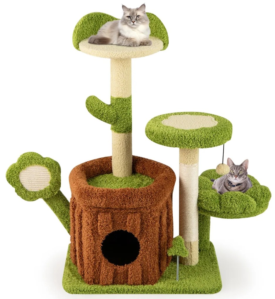 Arranhador para gatos para gatos com tronco, poleiro em forma de flor, cama, pompons, postes e painel para arranhar, verde e castanho