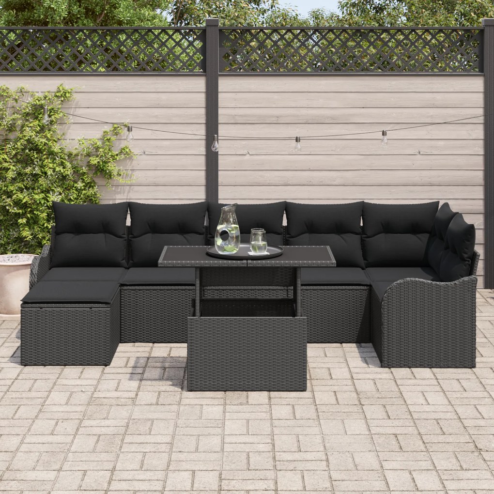 Conjunto de Sofá de Jardim vidaXL 8 Peças com Almofadas Pretas de Ratt