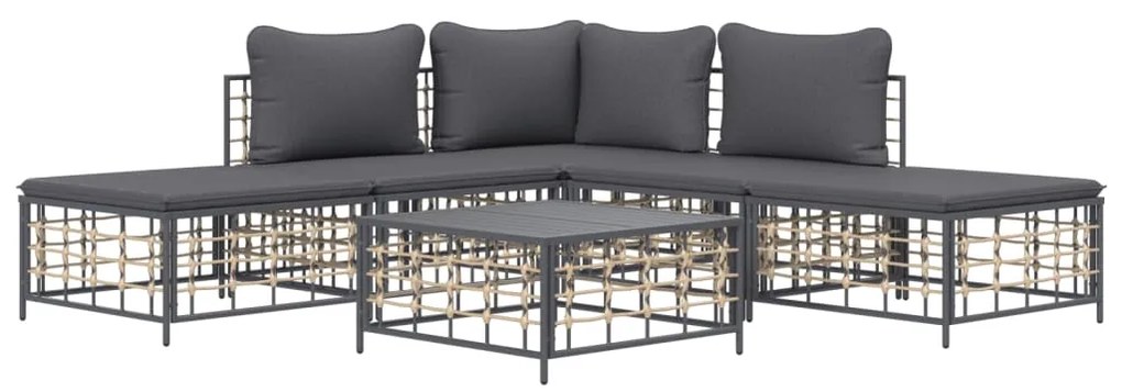 6 pcs conjunto lounge de jardim c/ almofadões vime PE antracite