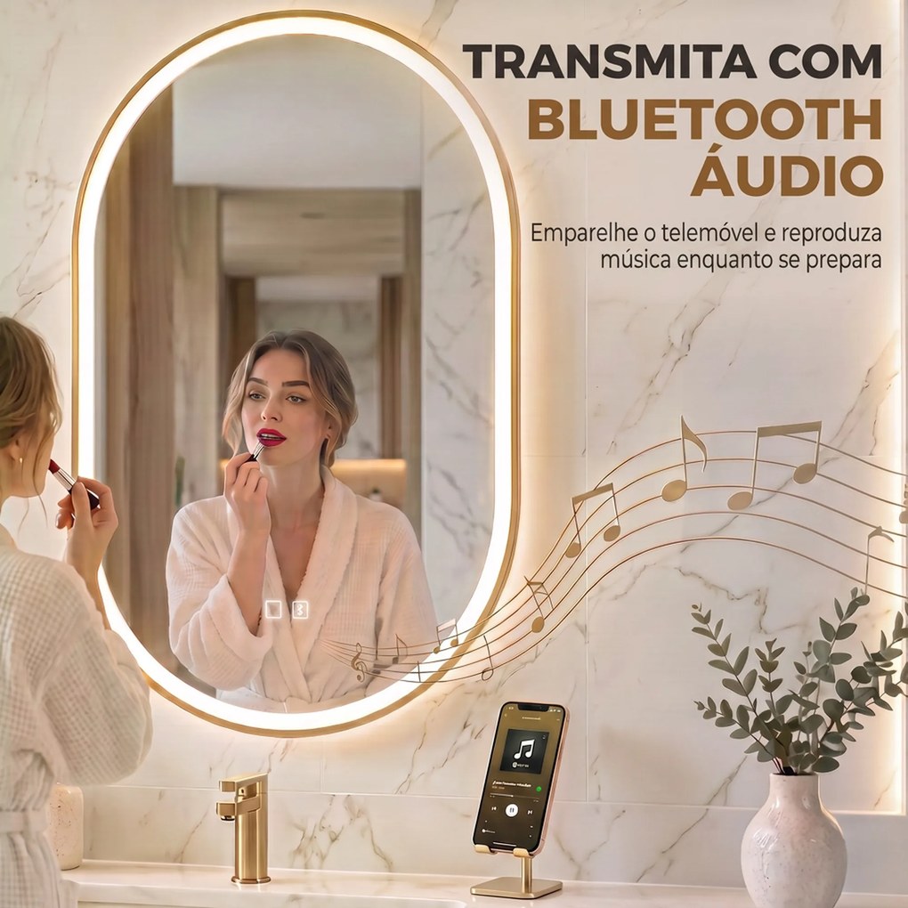 Espelho de Casa de Banho com LED Altifalante Bluetooth e Antiembaciamento 100x70 cm 3 Tons de Luz Brilho Regulável
