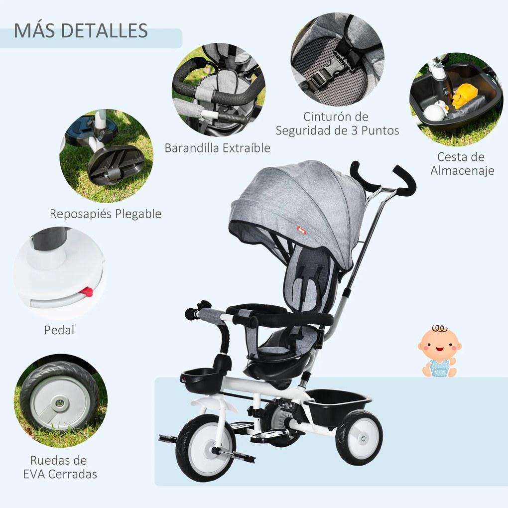 HOMCOM Triciclo para Bebé 2 em 1 Triciclo Evolutivo para Crianças de 1-5 Anos com Capô Dobrável Guiador Telescópico Grade de Proteção Removível e Apoio para os Pés 100x48x106cm Cinza
