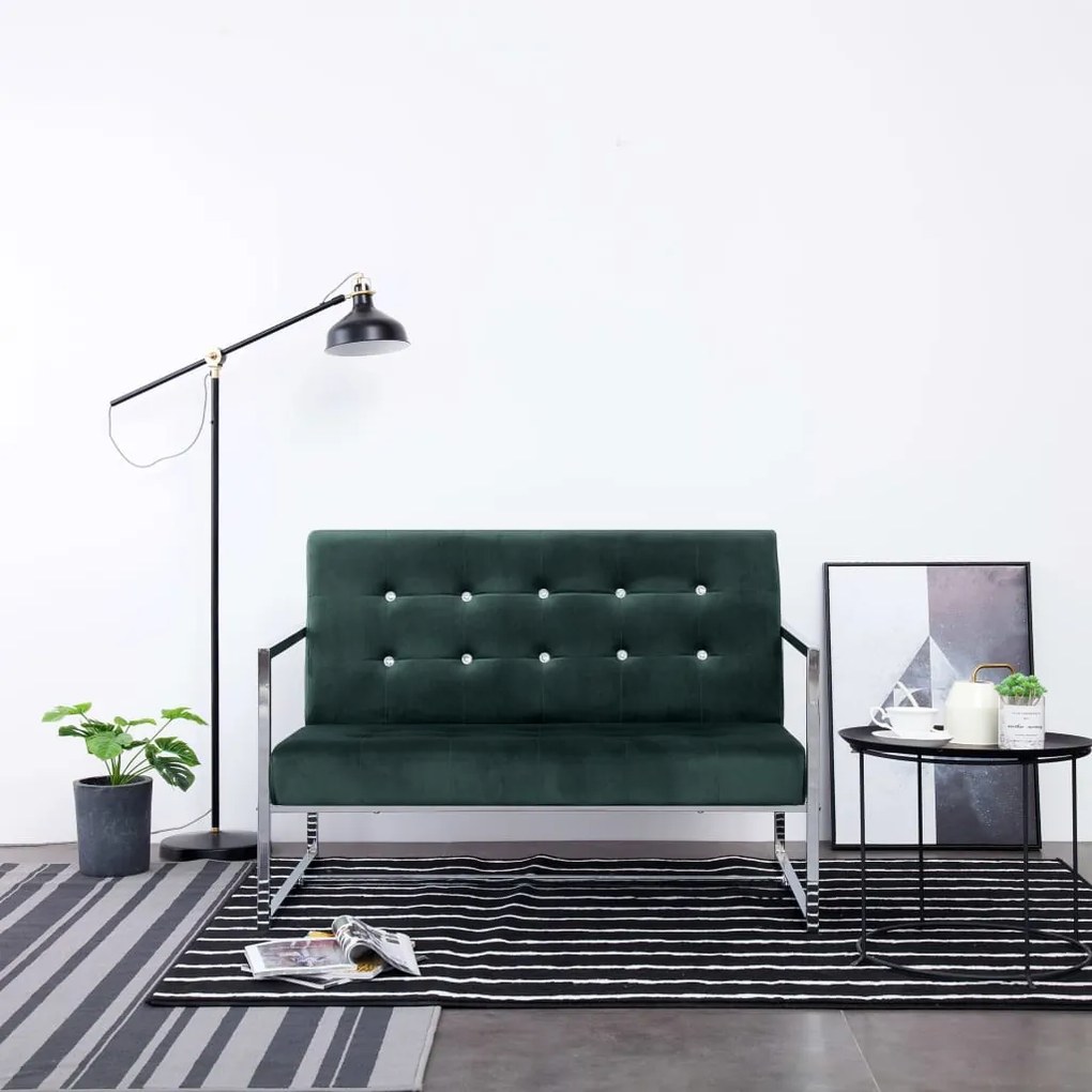 282164 vidaXL Sofá 2 lugares c/ apoio de braços cromado e veludo verde-escuro