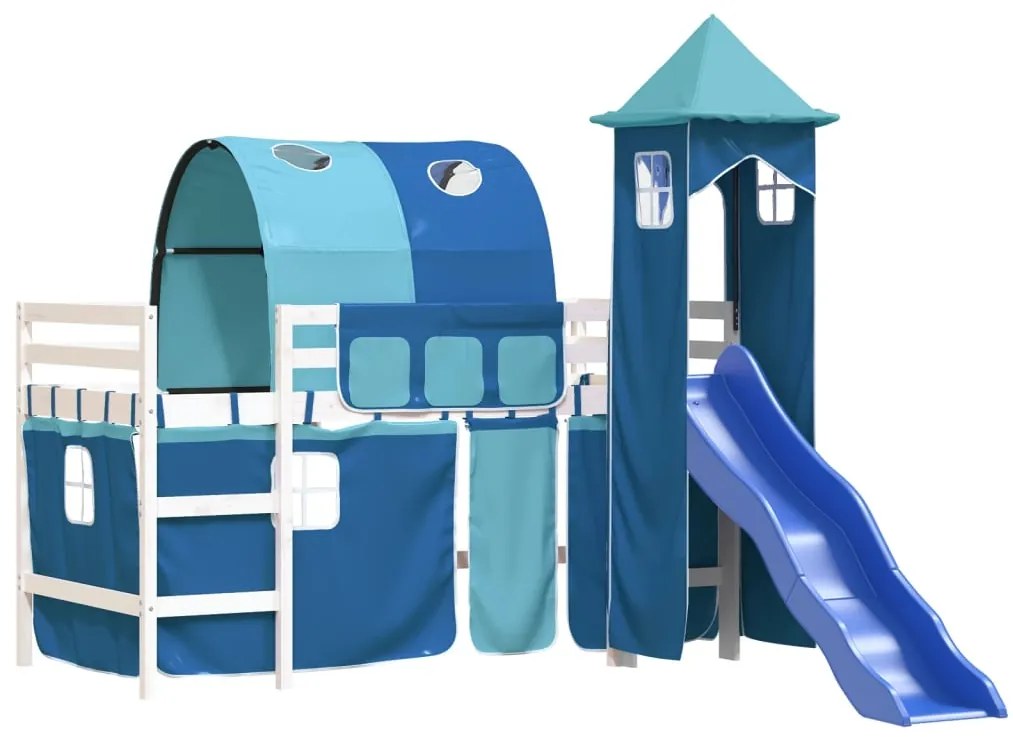 Cama alta para criança com torre 80x200 cm pinho maciço azul
