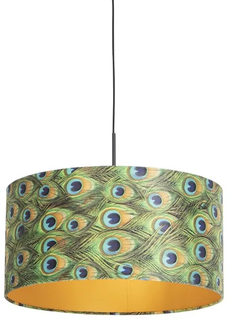 Candeeiro de suspensão com abajur de veludo azul-petróleo com dourado 50 cm - Combi Clássico / Antigo