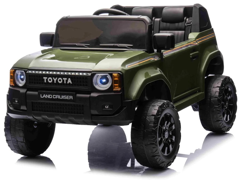 Jipe elétrico para crianças Toyota Landcruiser 12V controlo remoto de 2,4 GHz, entrada USB/AUX, Bluetooth, suspensão, bateria de lítio, luzes LED Verd