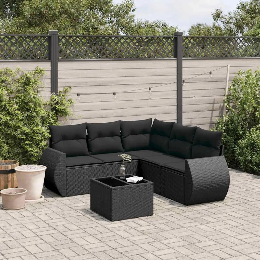 6 pcs conjunto sofás de jardim c/ almofadões vime PE preto