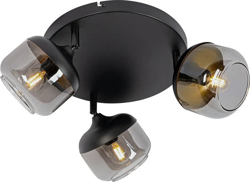 Candeeiro de teto design preto com dourado e vidro fumê 3-luzes redondo - Kyan