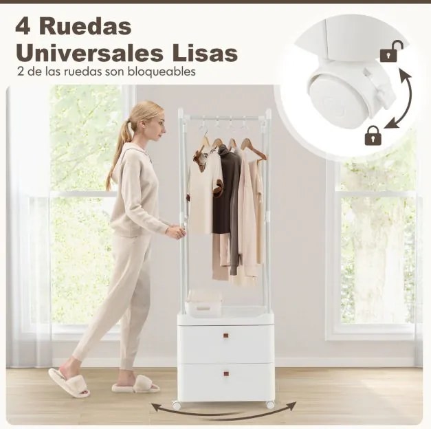 Guarda Roupa com 2 Gavetas Rodas Barra de Pendurar 4 Ganchos para Hall de Entrada Quarto Vestiário Branco