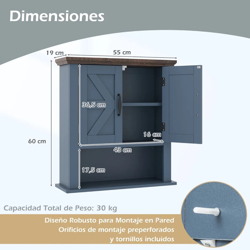 Armário de parede casa de banho, sala, cozinha ou entrada 55 x 19 x 60 cm com portas em estilo rústico, prateleira ajustável e compartimento aberto Az
