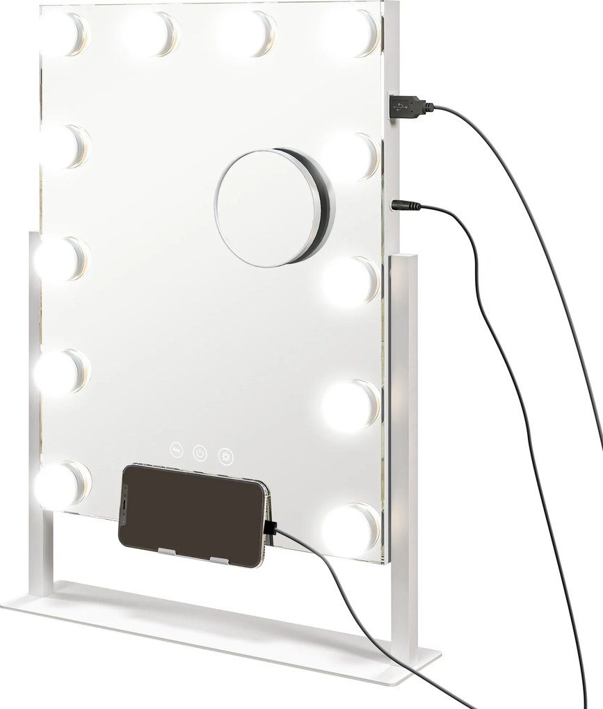 Espelho de Maquilhagem Estilo Hollywood com Luzes 12 Lâmpadas LED 3 Modos de Iluminação e Entrada USB 36,5x8,5x45,5 cm Branco
