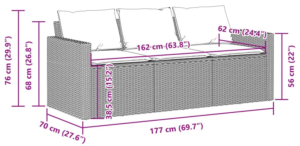 Sofá de jardim de 3 lugares com almofadões vime PE cinzento