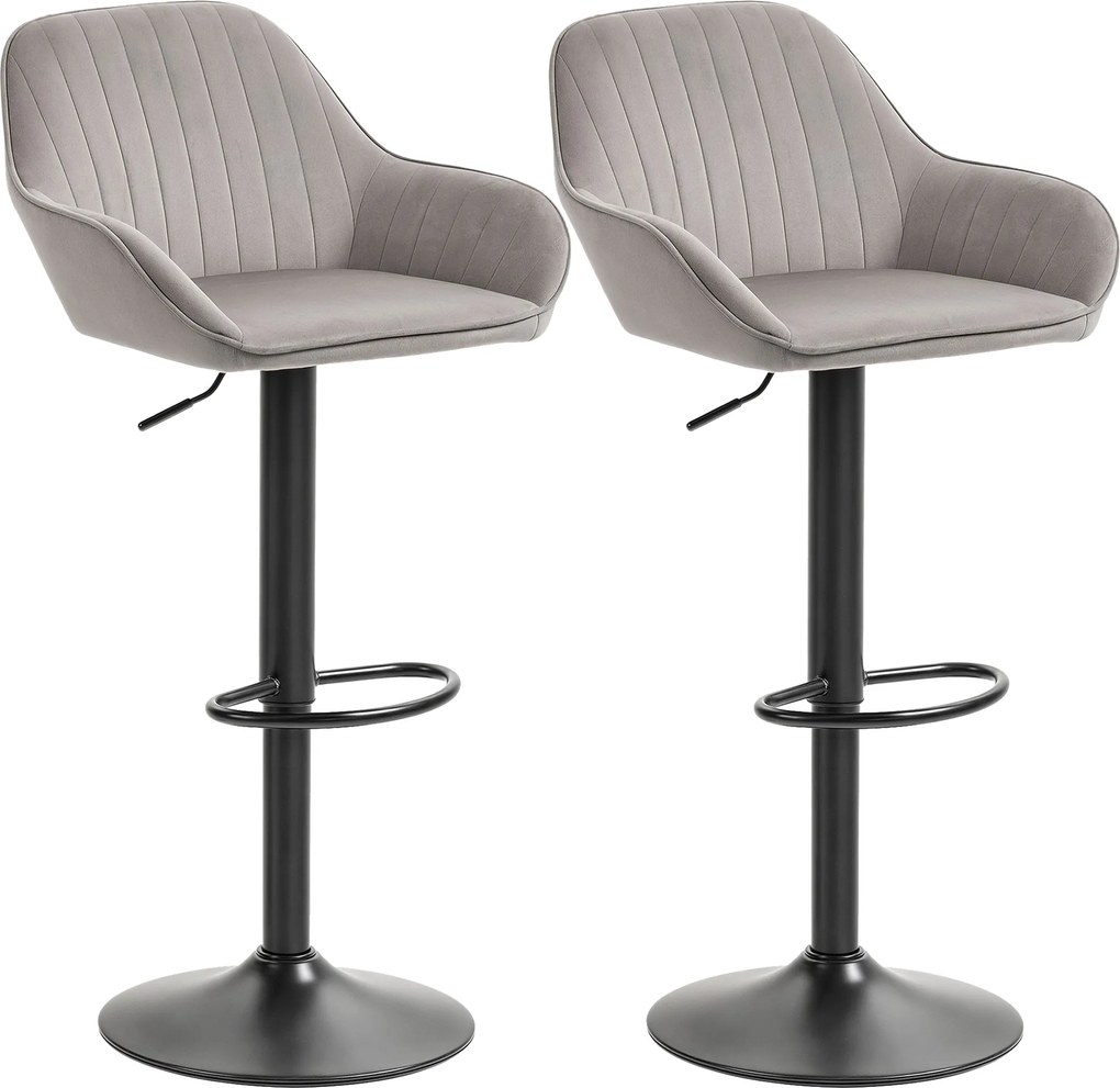 Conjunto de 2 bancos de bar, cadeiras de bar em veludo com encosto, apoio para os pés, altura ajustável e giratórias, na cor cinzenta