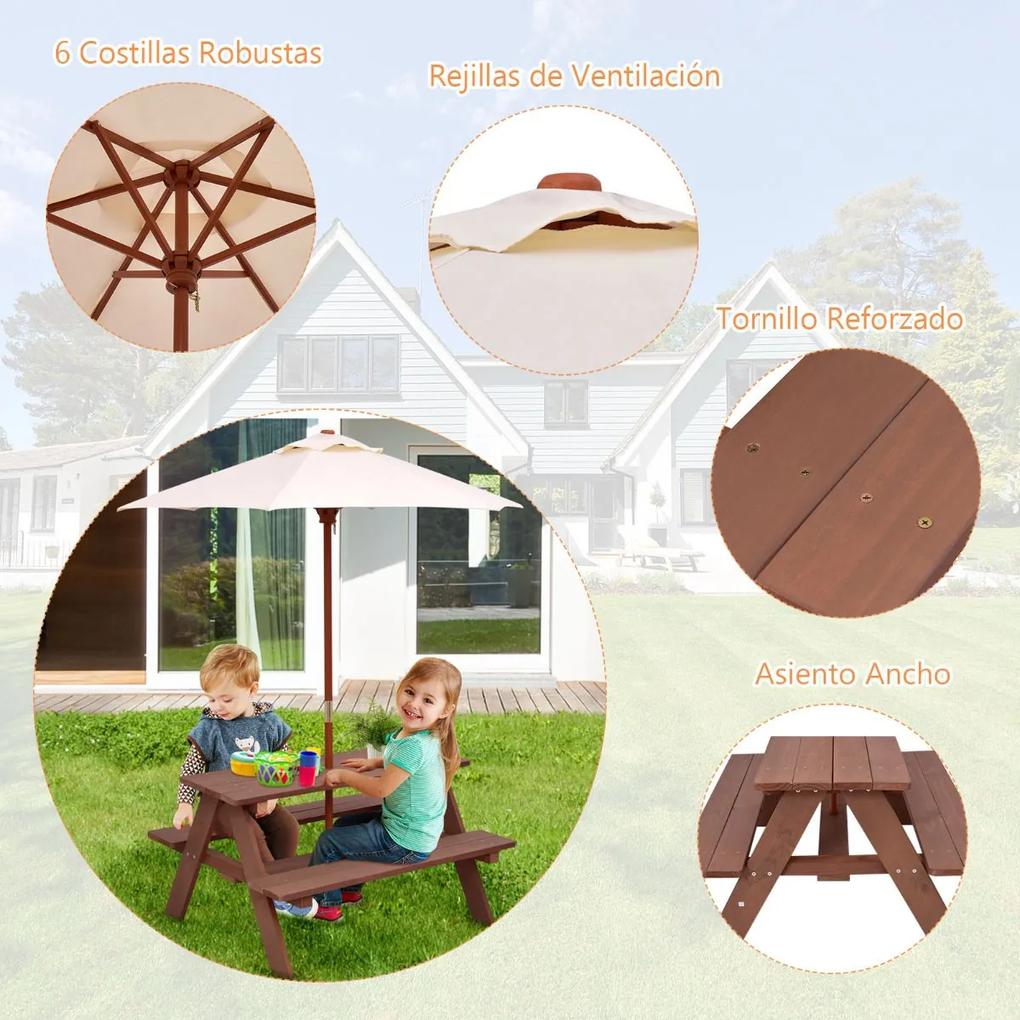 Mesa de piquenique infantil 3 em 1, mesa de atividades com guarda-chuva removível, bancos de madeira para jardim, pátio, casa, acampamento, fácil mont
