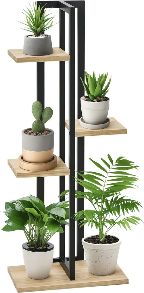 Estante para plantas 45 x 25 x 110 cm em forma de escada com 4 níveis de alturas diferentes, estilo industrial, em madeira, preto e natural