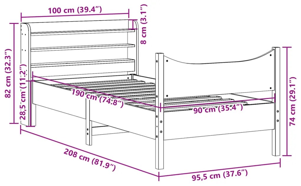 Estrutura cama c/ cabeceira 90x190 cm pinho maciço castanho-mel