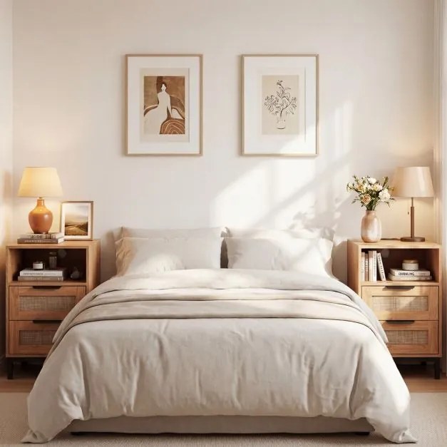 Conjunto de 2 mesas de cabeceira em rattan 60 x 35 x 61 cm com estação de carregamento e 2 gavetas estilo boho com armazenamento aberto natural e pret