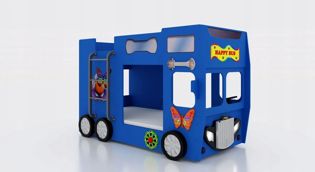 Cama para criança Beliche Autocarro 207 x 116 x 150 cm com Luzes LED 2 colchões e estrados incluídos, capacidade de 100 kg Azul