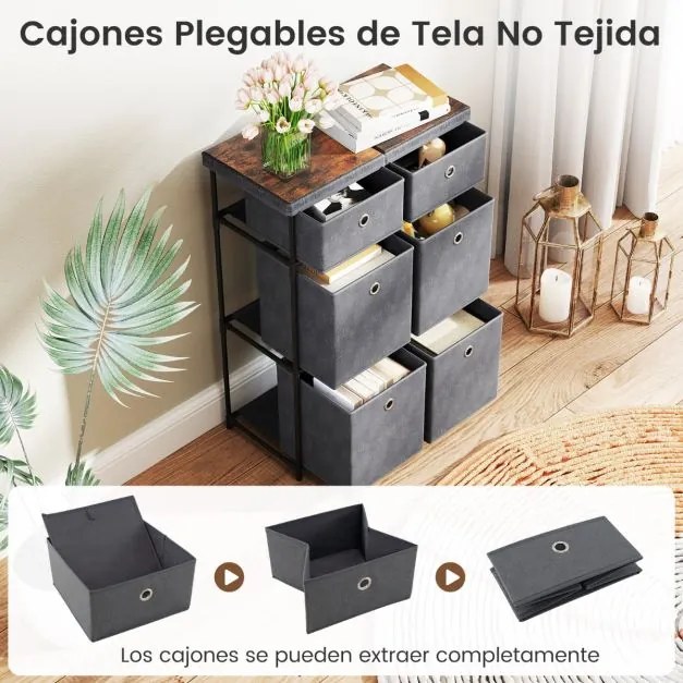 Cómoda com 6 gavetas 58 x 29 x 84 cm, estrutura metálica e cestos de tecido dobráveis para casa, cinza