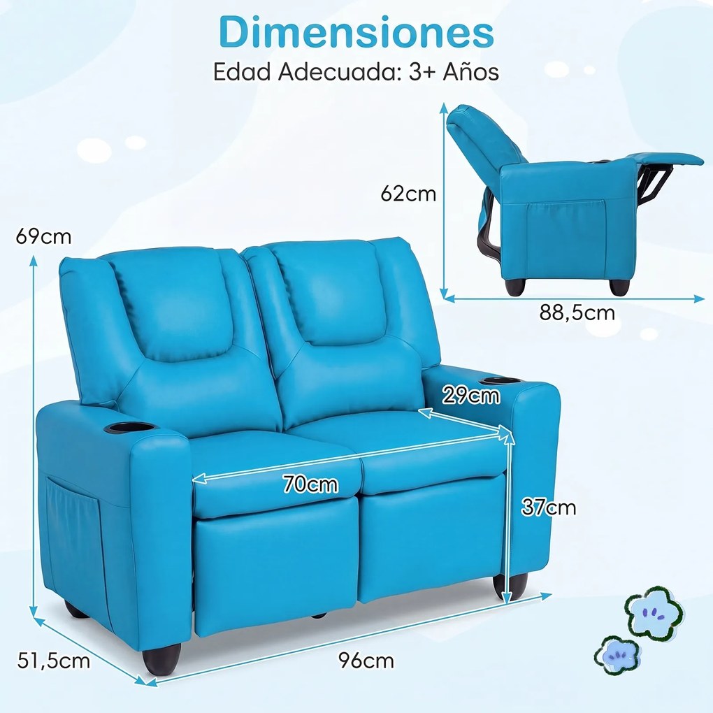 Sofá Infantil de 2 Lugares, 96 x 51,5 x 69 cm, Reclinável, Azul