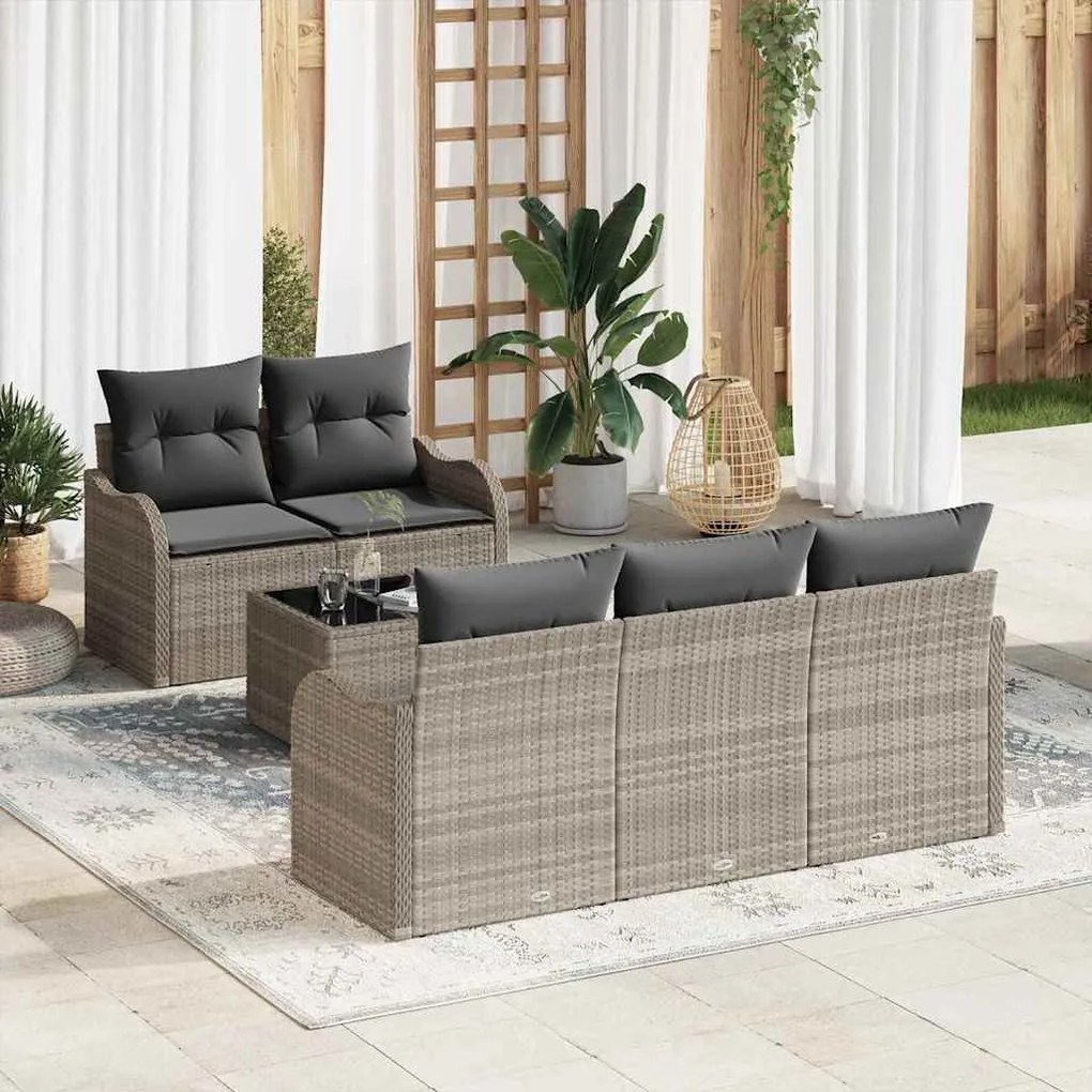 vidaXL Conjunto de Sofás de Jardim de 6 Peças com Almofadas Cinza Claro em Rattan Poliéster