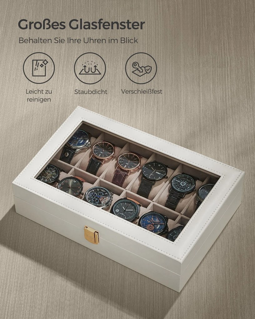 Caixa para relógios com 12 compartimentos 20,2 x 30,2 x 7,8 cm, tampa de vidro e fecho metálico, branco
