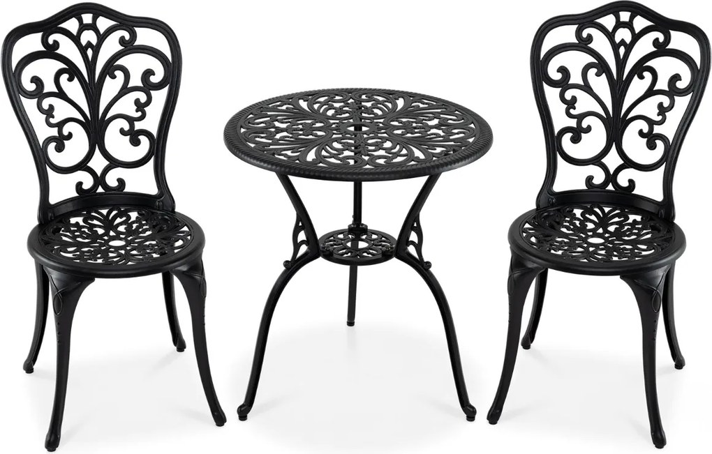 Conjunto de jardim de 3 peças em alumínio fundido: mesa e cadeiras com orifício para guarda-sol e encosto com design em forma de borboleta, para exter