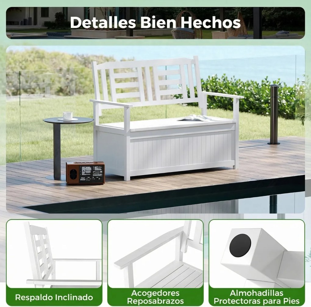 Banco jardim 123 x 68,5 x 96 cm com armazenamento para pátio com 185 L para 2 pessoas com encosto e braços branco