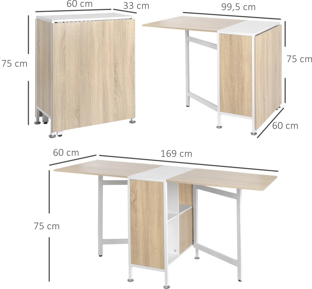 Mesa Dobrável (CADEIRAS NÃO INCLUIDAS) de Arrumação 4 Prateleiras para Sala de Jantar Sala de Estar Mesa Auxiliar de Madeira 169x62x75 cm Carvalho e B