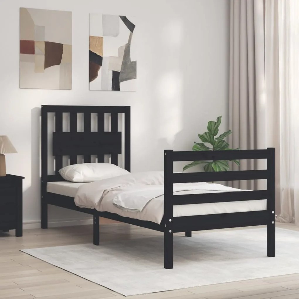 vidaXL Estrutura cama de solteiro c/ cabeceira madeira maciça preto